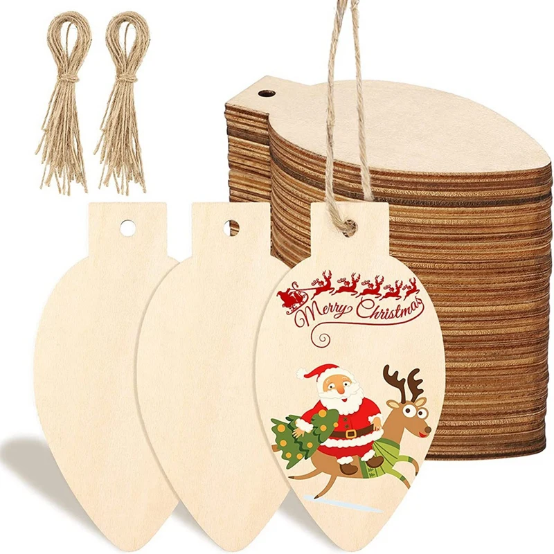 

100PCS DIY Christmas Wooden Hanging Ornaments With Wood Unfinished Cutout Tag Blank Natural Wooden Slices With Ropes