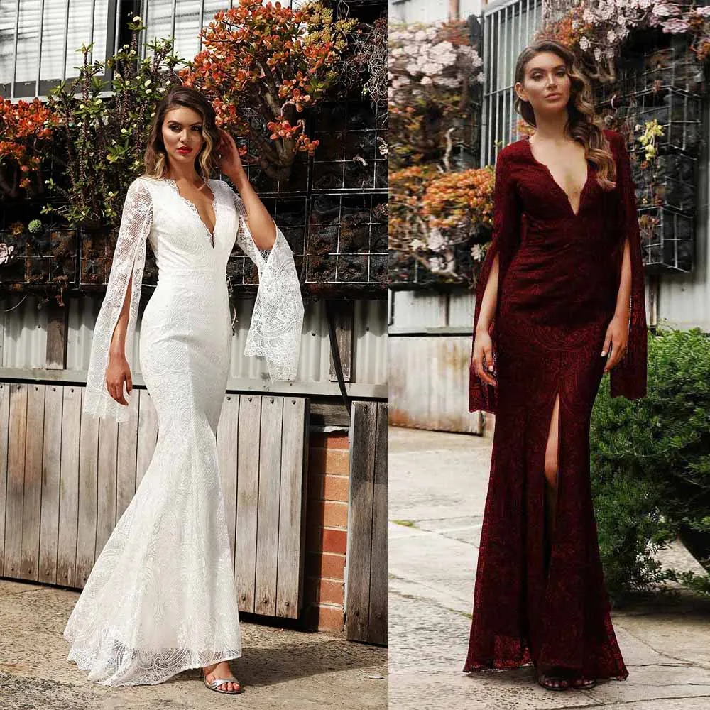 

Women Long Maxi Long-Sleeved Dress Wedding Bridesmaid Dress Lace High Waist Deep V Neck Sexy Slim Evening Party