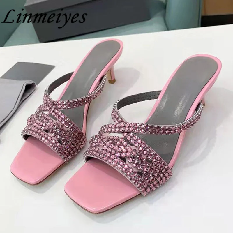 

New Kitten Heels Slippers Women Sexy Crystal Slides Shoes Woman Square Peep Toe Mules Shoes Summer Thin Heels Slippers Woman