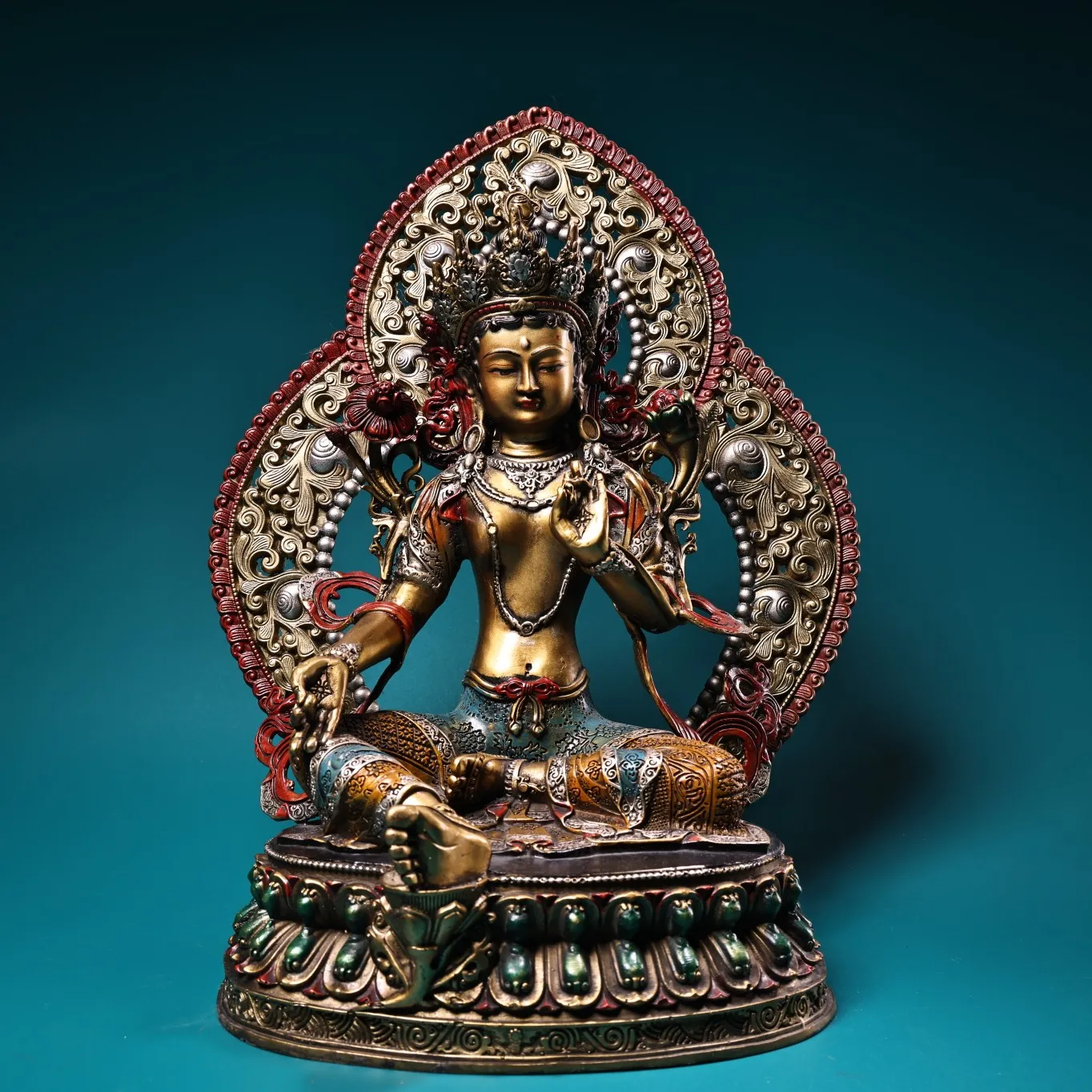 

14"Tibetan Temple Collection Old Bronze Outline in gold Painted Green Tara Lotus Platform Sitting Buddha Backlight Worship Hall