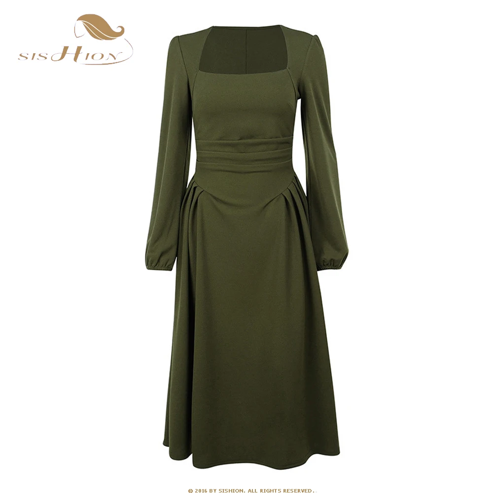 

Женское длинное платье в стиле Хепберн SISHION, элегантное винтажное Плиссированное ТРАПЕЦИЕВИДНОЕ ПЛАТЬЕ зеленого и черного цвета в Корейском стиле, весна-лето 2023, VD3961