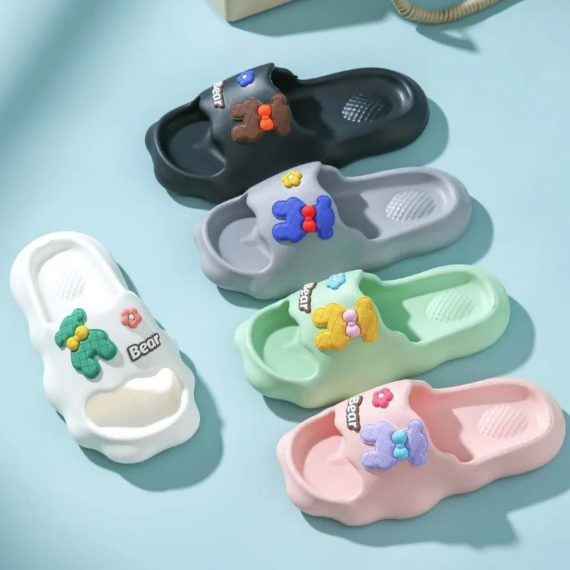 Women Cartoon Bear Flower Decor EVA Slippers Summer New Soft Comfy Light non-slip Home Bathroom Slides Beach Casual Couple Shoes