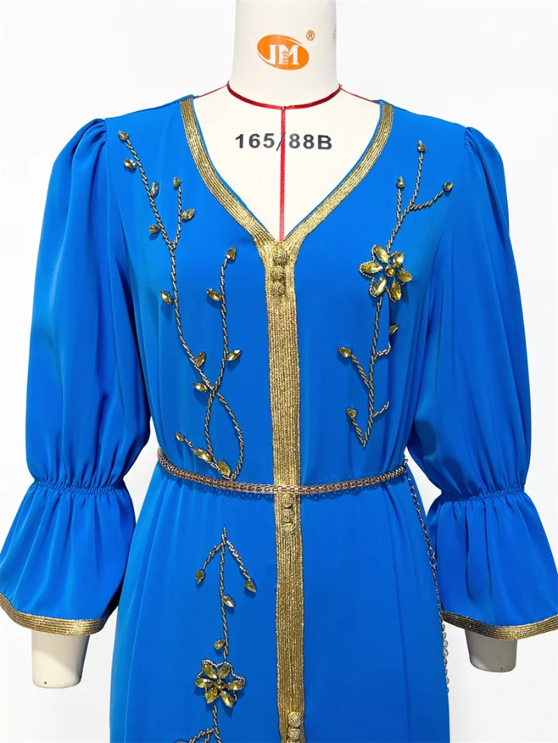Floral Rhinestone Lace Tape Belted Satin Dresses Flare Sleeve Kaftan Abaya Muslim Women's Long Dress Jalabiyat Ramadan 2023