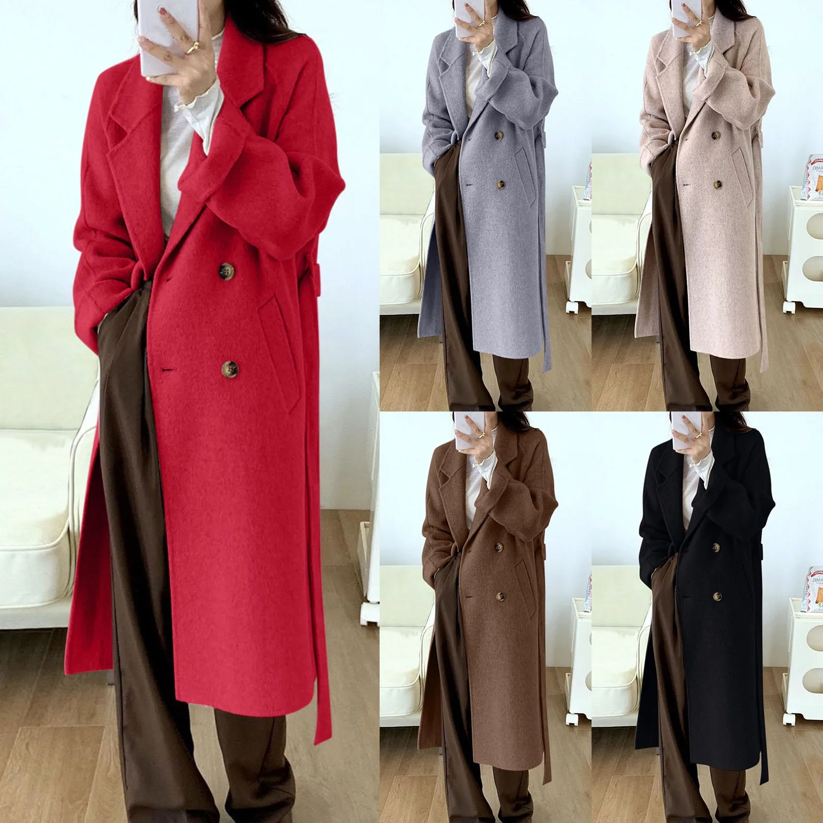 

Женское однотонное модное пальто с карманами и поясом, куртка с отложным воротником, длинное пальто, зимнее пальто для подростков