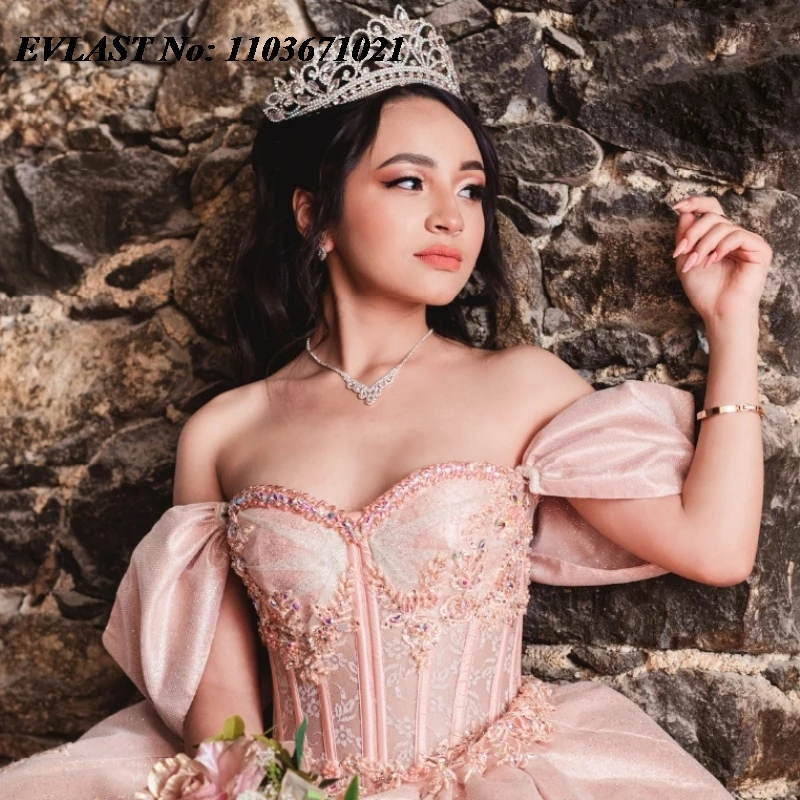EVLAST принцесса Румяна розовое платье Quinnceanera бальное Кружевная аппликация вышитые
