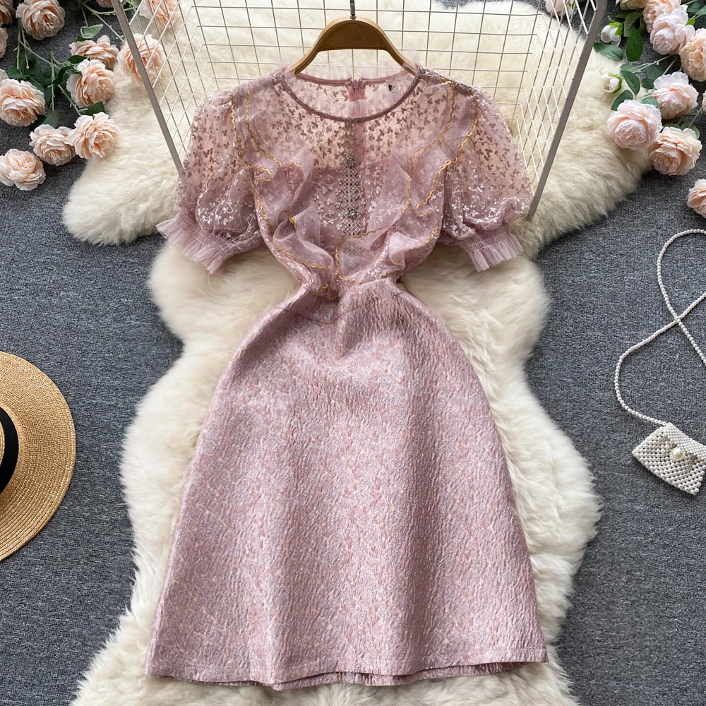 

Women New Fashion Round Neck Short Sleeve Elegant A-line Short Dress 2022 Summer Slim Vintage Clothes Vestido De Mujer G923