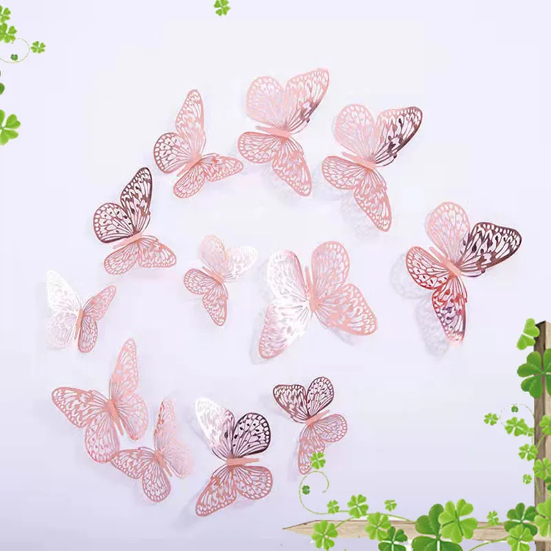 12/48Pcs Artificial Rose Gold Butterfly Stickers Living Room DIY Home Decor 3D Wall Sticker Wedding Event Party Balloon Decals images - 6