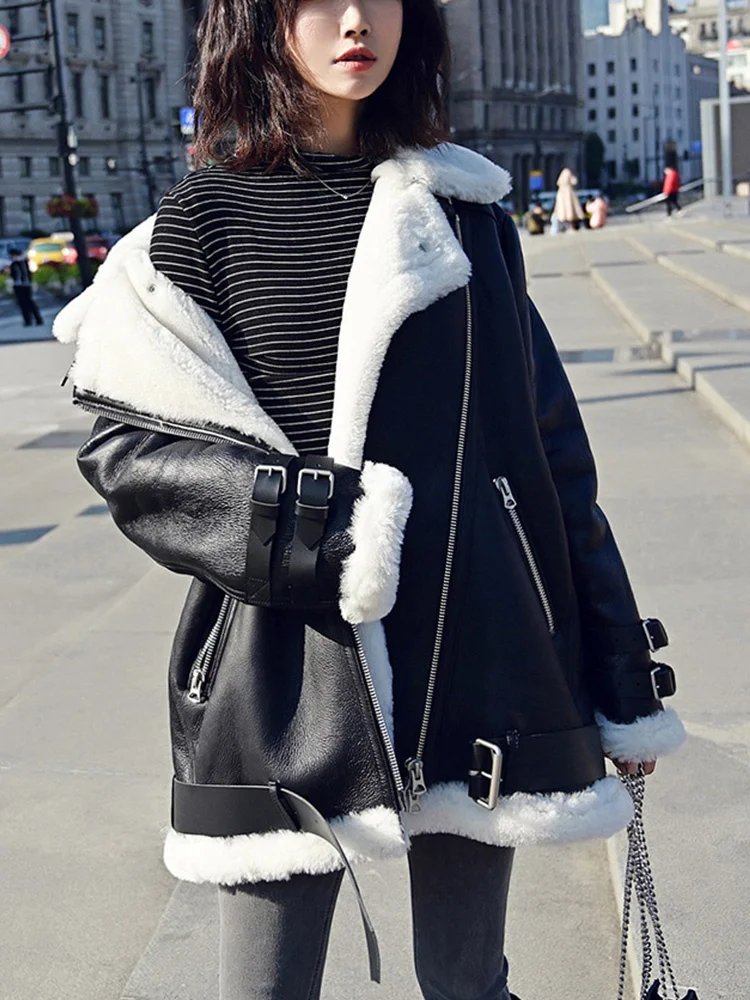 New Autumn Winter Women Faux Leather Fur Black White Jacket with Belt Moto Biker Loose Turndown Collar Coat Outwear