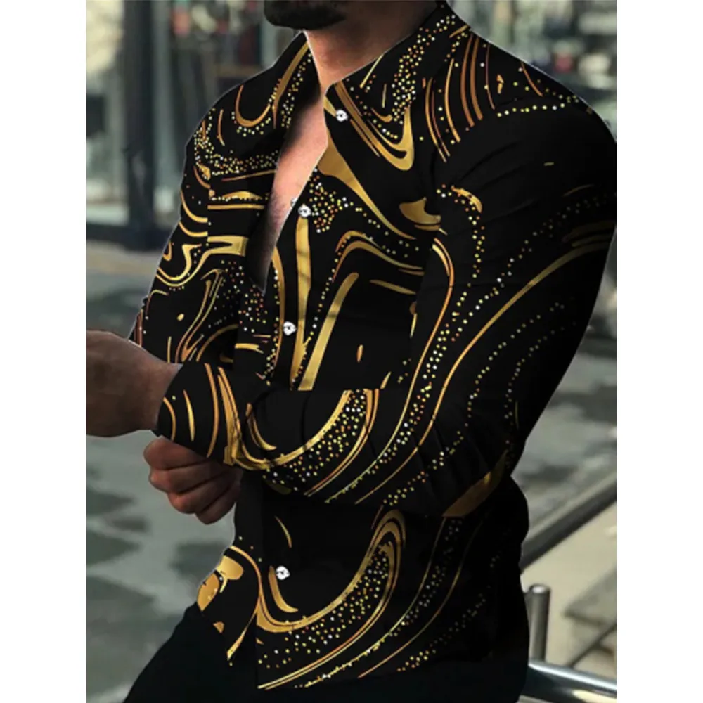 Mens Printed Long Sleeve Shirts Casual Cardigan New Button Holiday Fashion Shirts