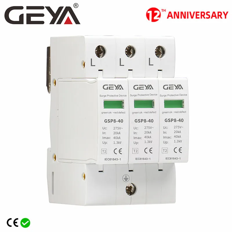 

GEYA GSP8-3P Din Rail SPD AC275V AC385V 400V 440V 20KA-40KA SPD 3P House Surge Protection Device Low-voltage Arrester Device