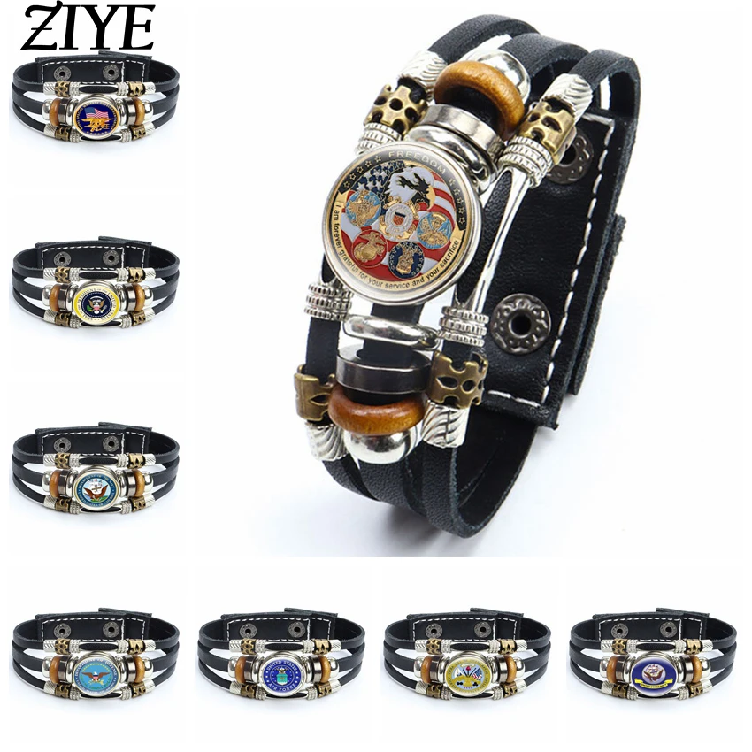 

USMC Army Badge Military Leather Bracelet United States Marine Corps Glass Cabochon Multilayer Punk Beads Button Braided Bangles