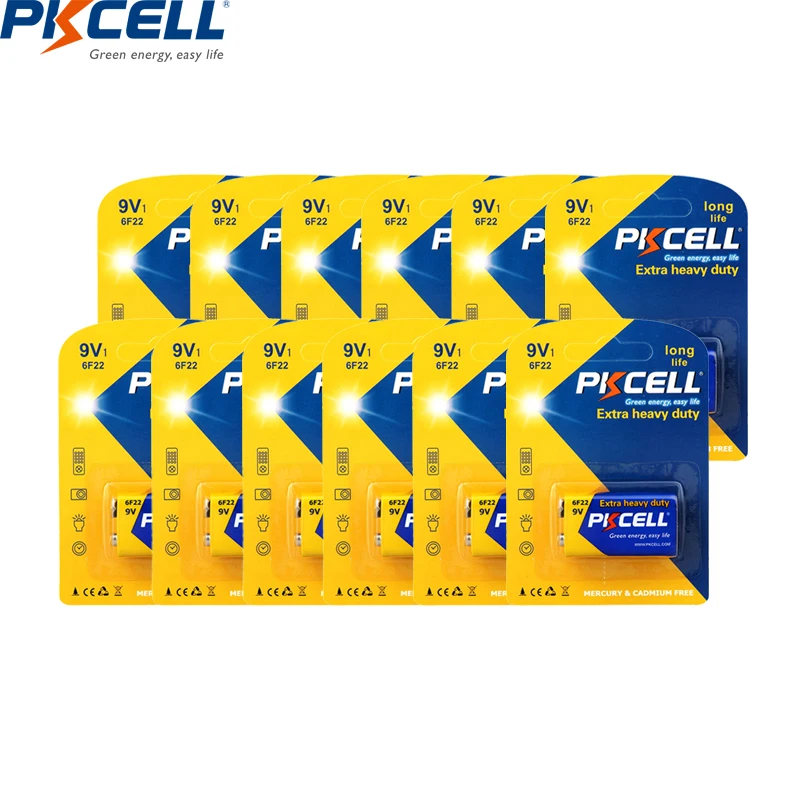 

Аккумуляторная батарея PKCELL 6LR61, первичная батарея 9 В 6F22 для тяжелых условий эксплуатации, PP3 6F22 6LR61 MN1604 9 В, 12 упаковок