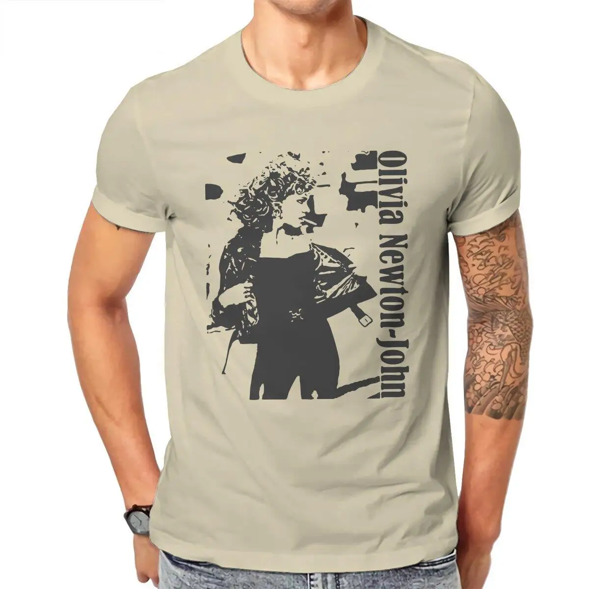 Olivia Newton John Vintage  T Shirt Men's  100% Cotton Humor T-Shirt Round Neck  Tees Short Sleeve Clothing Graphic Printed