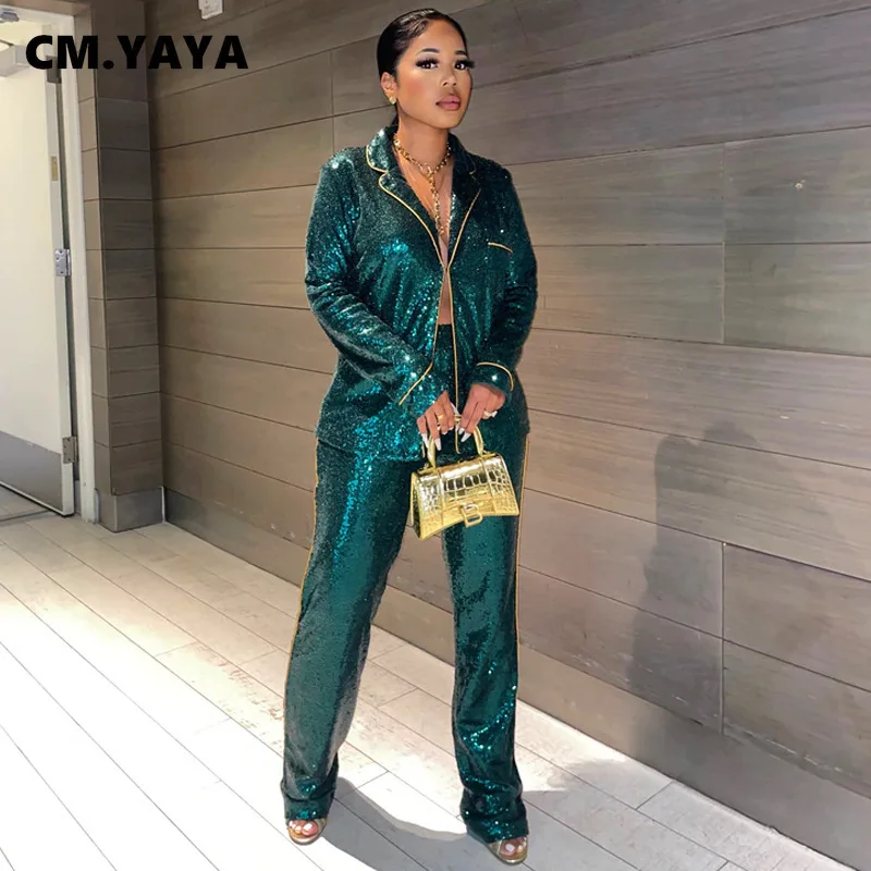 CM.YAYA Elegant Sequins Women's Set Blazer Shirt and Wide Leg Pants 2022 Sexy Party Evening Night Two 2 Piece Outfits |