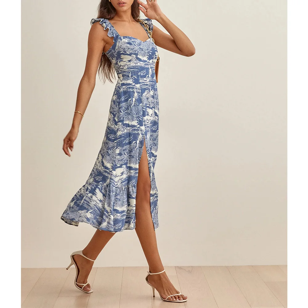 

Женское винтажное платье средней длины, элегантное платье с оборками на подоле, вырезом сердечком, без рукавов, на бретельках, с разрезом, ле...