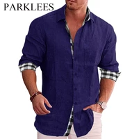 parklees purple mens linen cotton shirt 2022 new long sleeve plaid patchwork shirt autumn retro loose casual lapel shirt chemise