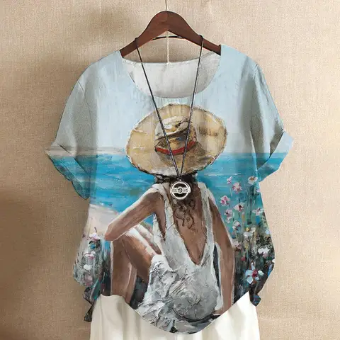 Oil Painting T Shirt For Women Summer Y2k Girls Clothing Round Neck Casual Short Sleeve Blouse Oversized Tops Daily Streetwear