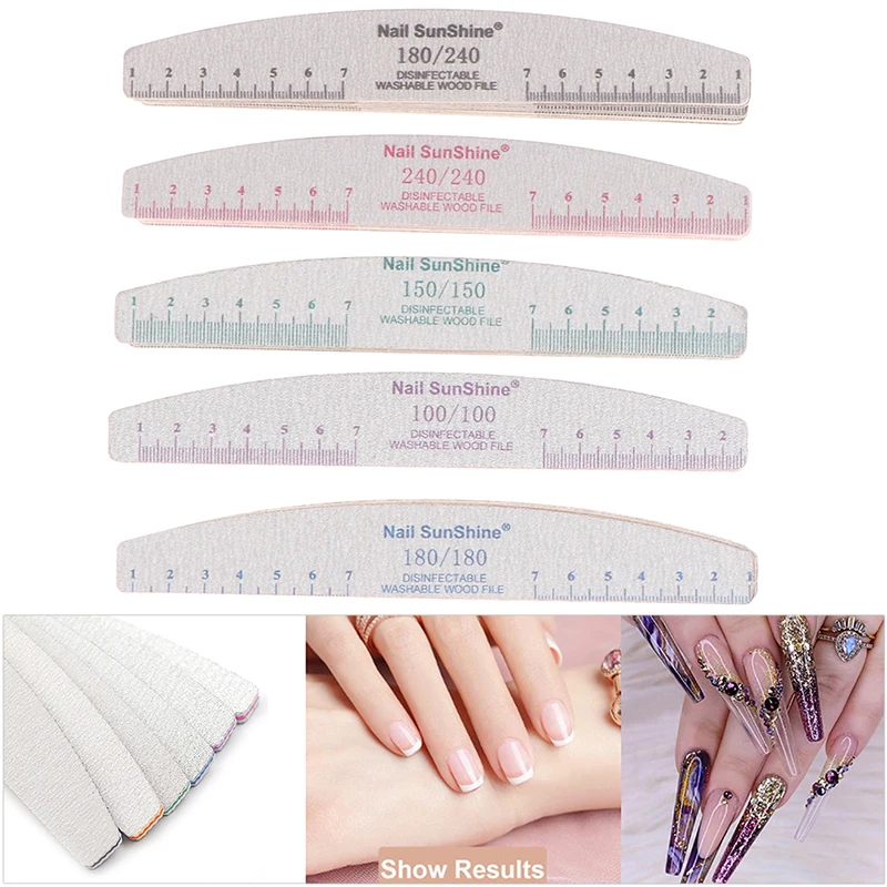 

10Pcs Thick Half Moon Professional Wood Nail File With Ruler Grey Sandpaper 100 150 180 240 Grit Wooden Files Tips For Nails