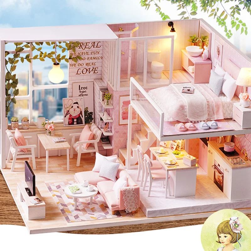 

Тихая жизнь веселый дом DIY деревянные миниатюрные кукольные дома с мебелью светодиодные огни для детей подарок на день рождения кукольный д...