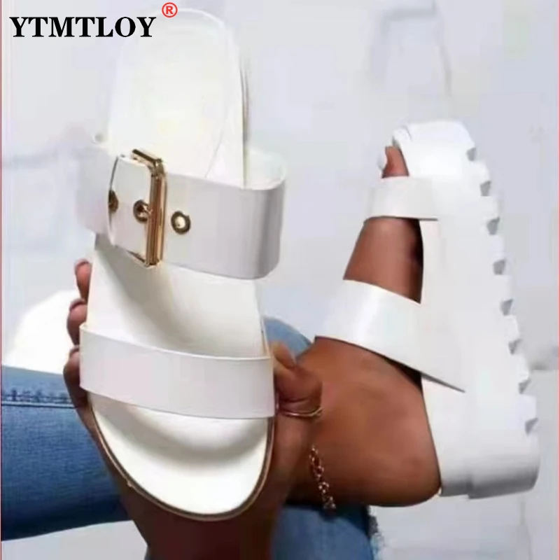 

Summer Buckle Flat Leather Slippers Woman Designer Socofy Slip on Loafers Mules Flip Flops Casual Slides Platform Sandels