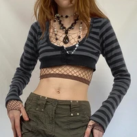 y2k striped crop top button knitted full sleeve t shirt v neck vintage grunge tee autumn winter women harajuku outfits