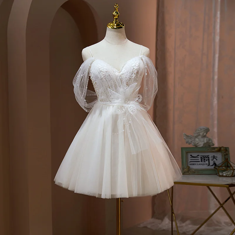 

Evening Dress Spaghetti Strap V-Neck Pearls Sleeveless Knee Length Pleat A-Line New Tulle Plus Size Women party Dresses B2467