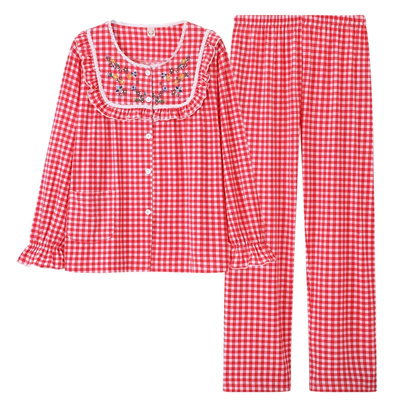 

Пижамный комплект женский кружевной из модала, кардиган с круглым вырезом, пижама в клетку, домашняя одежда с принтом, Осень-зима