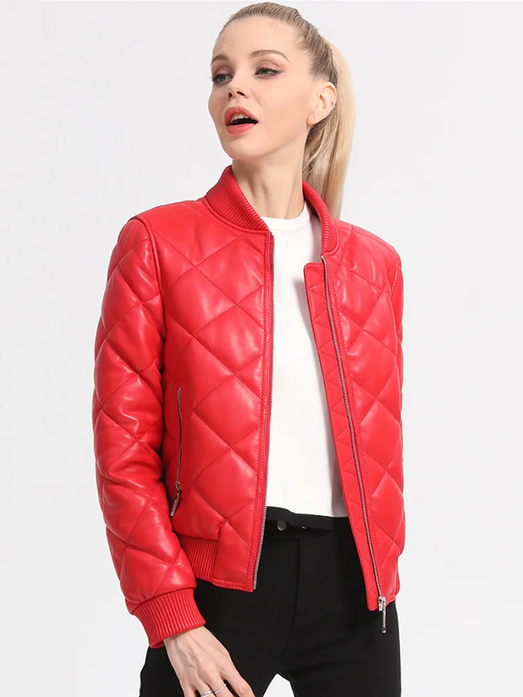 New Women Genuine Leather Coat Autumn Winter Casual Streetwear Style Thicken Sheepskin Baseball Jacket Slim Short Outerwear