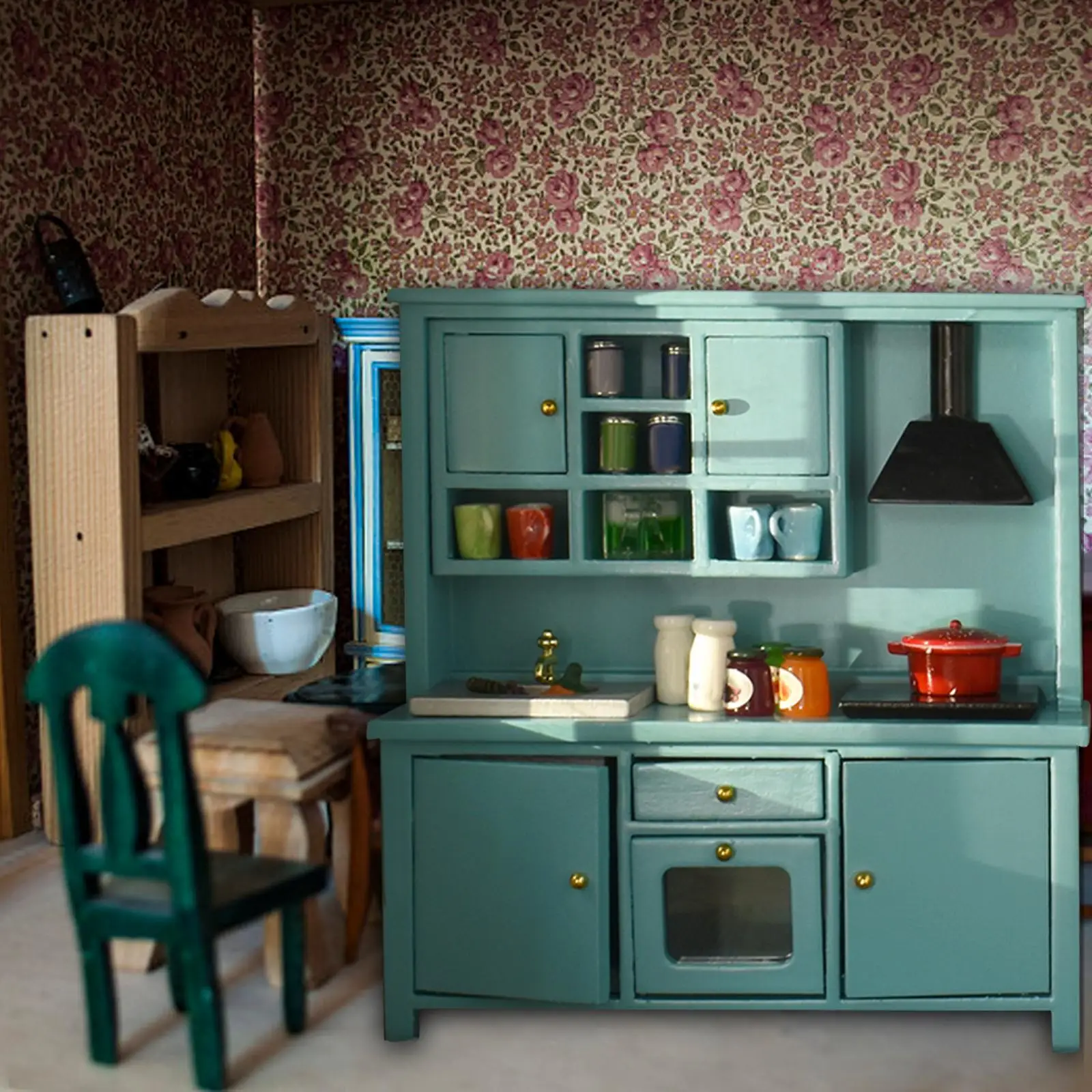 

1:12 Dollhouse Furniture Utensils Tools Set Kitchen Pretend Play Wood Mini Cabinet Furniture for Role Play Micro Landscape Gift
