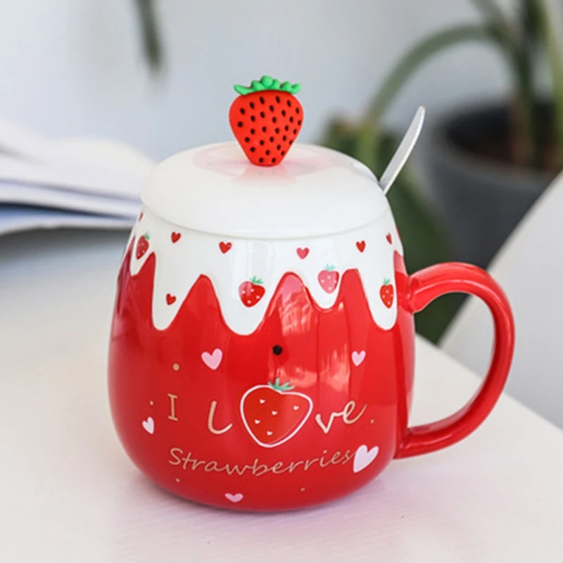 

Ceramic Cup Breakfast Cup Cute Strawberry Coffee Mug with Lid Spoon Porcelain Juice Cup Milk Oatmeal Cup Drinkware Cup