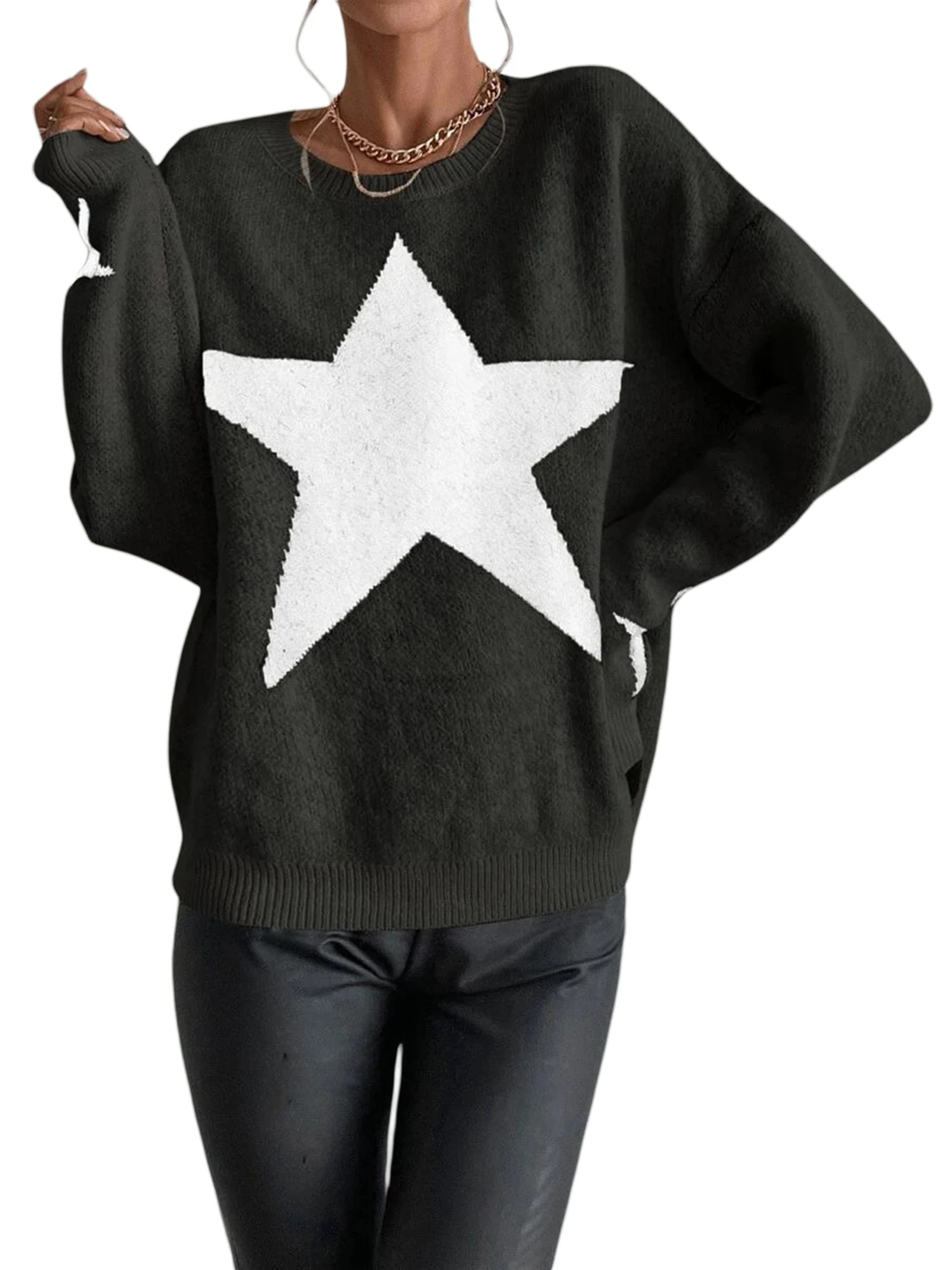 

Women s Y2K Star Print Ribbed Sweater Tops Cozy Long Sleeve Pullovers for Fall Perfect for Streetwear and Warmth