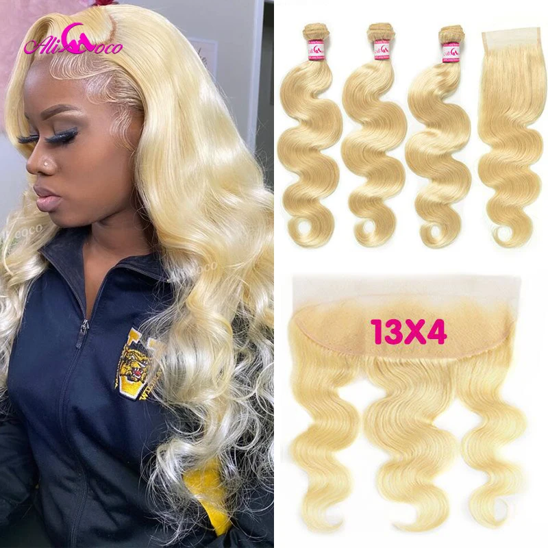 

613 Bundle with Frontal Honey Blonde Colored 13x4 Lace Frontal with Body Wave Human Hair Extensions 3 4 Remy Hair Bundles