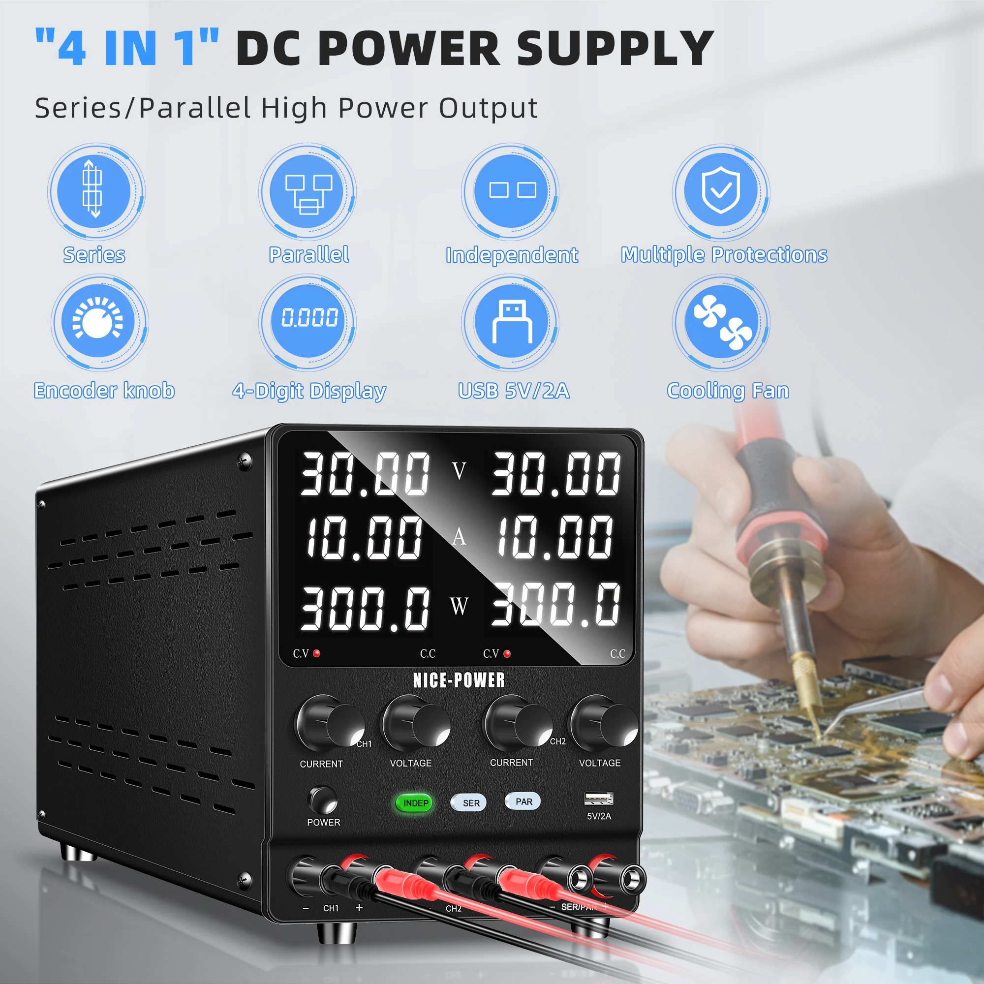Фото NICE-POWER Лабораторный стабилизатор напряжения 30 В 10 А, регулируемый 2/3-канальный источник питания для студентов, для обучения и самостоятельного тестирования. №4