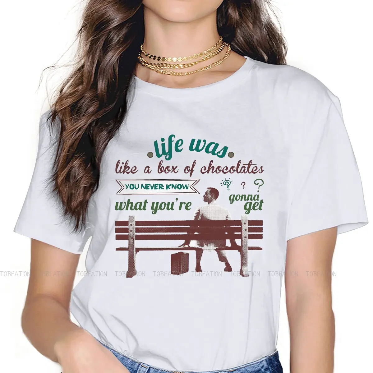 

Life Was Like A Box Of Chocolates Hipster TShirts Forrest Gump Tom Hanks Female Pure Cotton Tops T Shirt O Neck Big Size