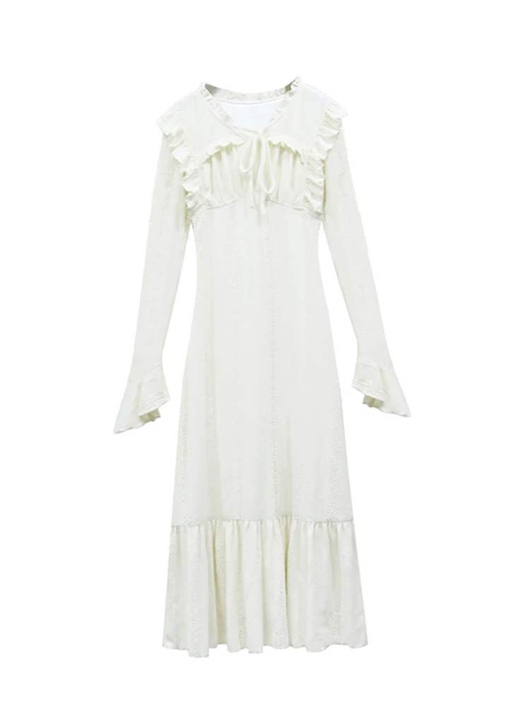 

Женское трикотажное платье миди с оборками, элегантное винтажное черное платье с длинным рукавом и V-образным вырезом для вечерние, весна-ос...