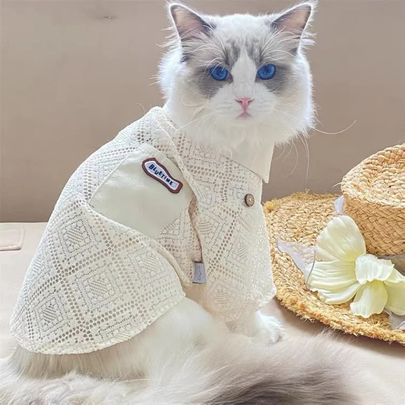 

Dogs Clothing Cat Fashion Costume Summer Thin Kawaii Pet Products Lace Hollow Shirt Dog Clothes Brown White Retro Shirts Small