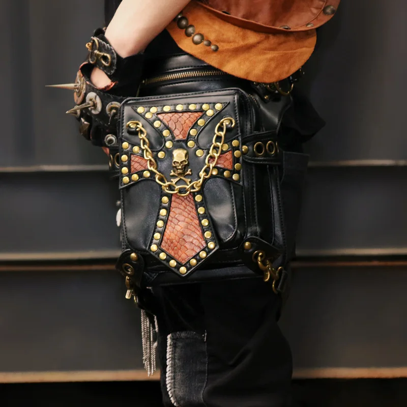 

Men Women's Fashion Punk Trends Shoulder Crossbody Bag PU Leather Moto Gothic Bag Retro Steampunk Waist Pack Handbag Leg Purse
