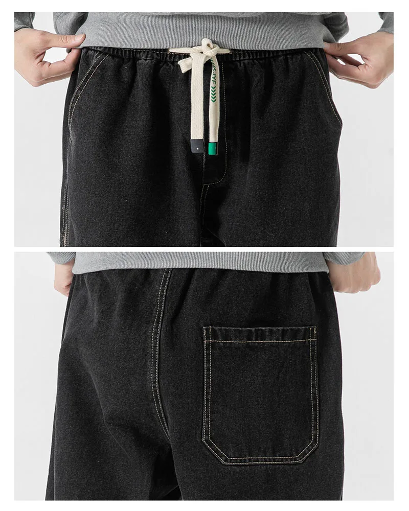 Asian size 2023 Spring New Men's Vintage Casual Pants Fashion Streetwear trousers Loose Straight Leg Strappy Jeans Elastic waist