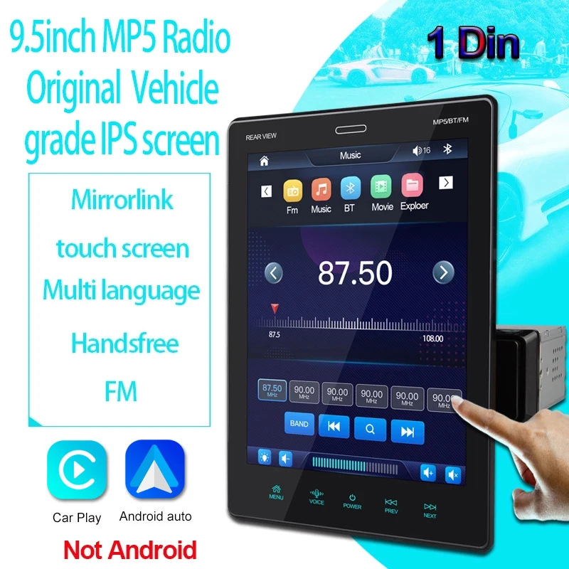 

9.5 Inch 1 Din Vertical Adjustabe IPS Touch Screen Radio Car MP5 Palyer Tesla Style Carplay Android auto Universal Stereo BT FM