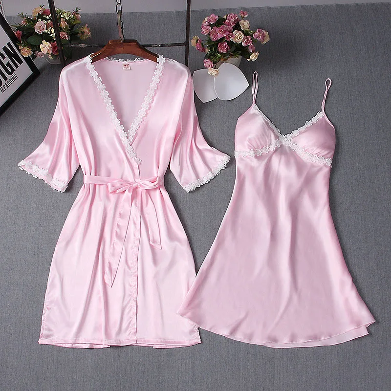 Women's Sleepwear 2 Pcs Sets Satin Silk Sleep Dress Sling Mini Dress and Cami Robe Pajamas Set