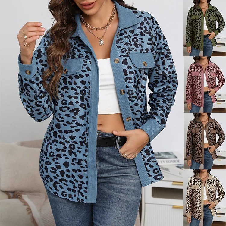 

Jackets For Women 2022 Fashion Leopard Print Corduroy Coats Luxury Streetwear Long Sleeve Female Clothings Winter Elegant
