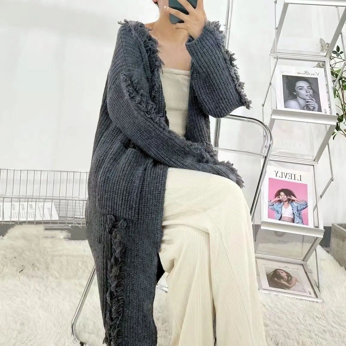 

Женский длинный кардиган с бахромой, Дизайнерский Жакет на осень и зиму, 2023