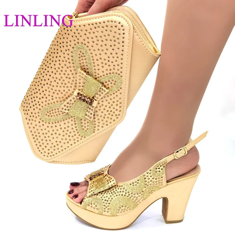 

Fashion High Quality African Shoes and Bag Set Decorated with Rhinestone Special Arrivals Wedding Golden Color Nigeriain Shoe