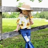 kids baby girls summer outfits sunflower print short sleeve off shoulder tops and casual ripped denim flare pants set