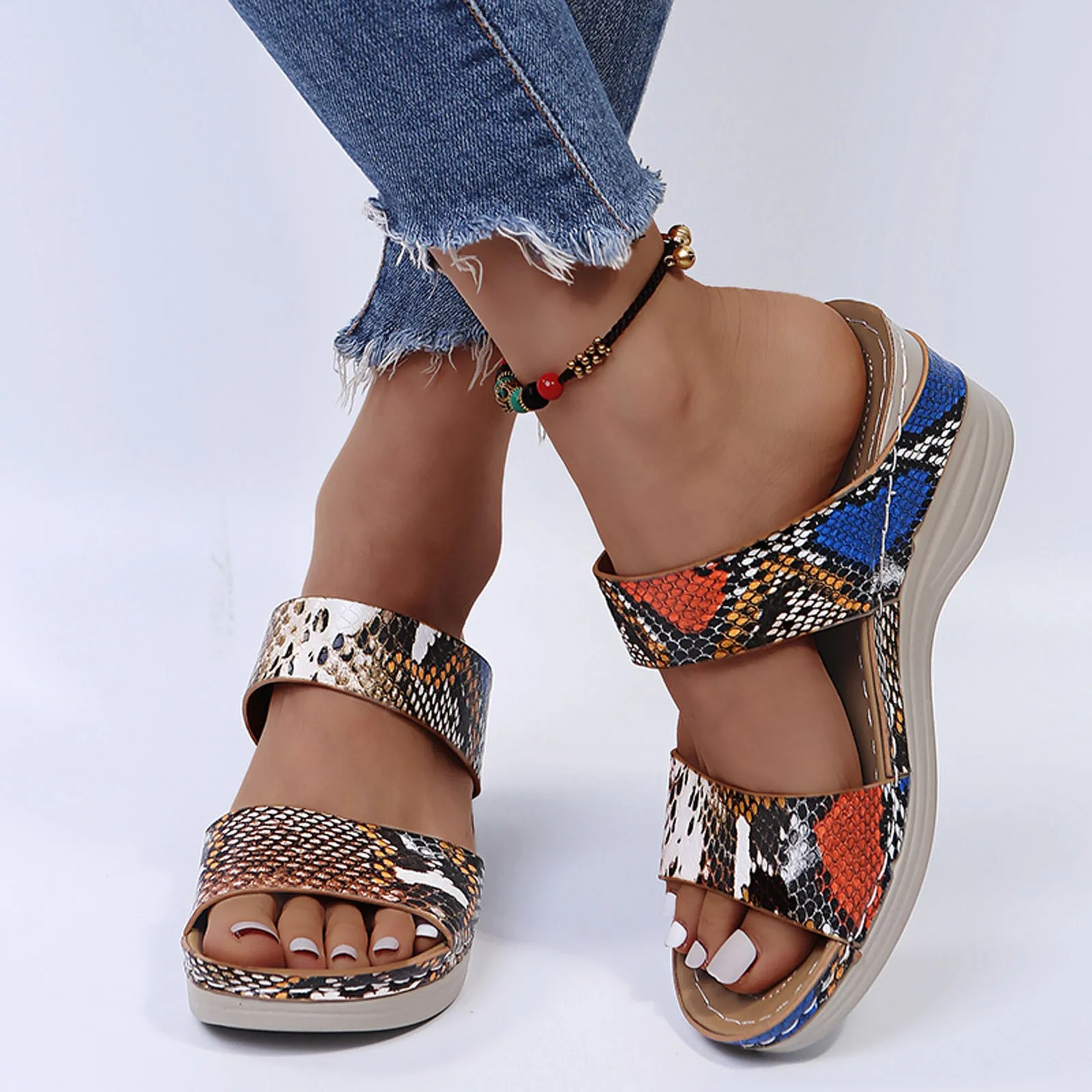 

Mid Heels Wedge Shoes 2023 New HOT Design Multi Snake Printed Summer Sandals Woman Party Lady Female Office Slippers