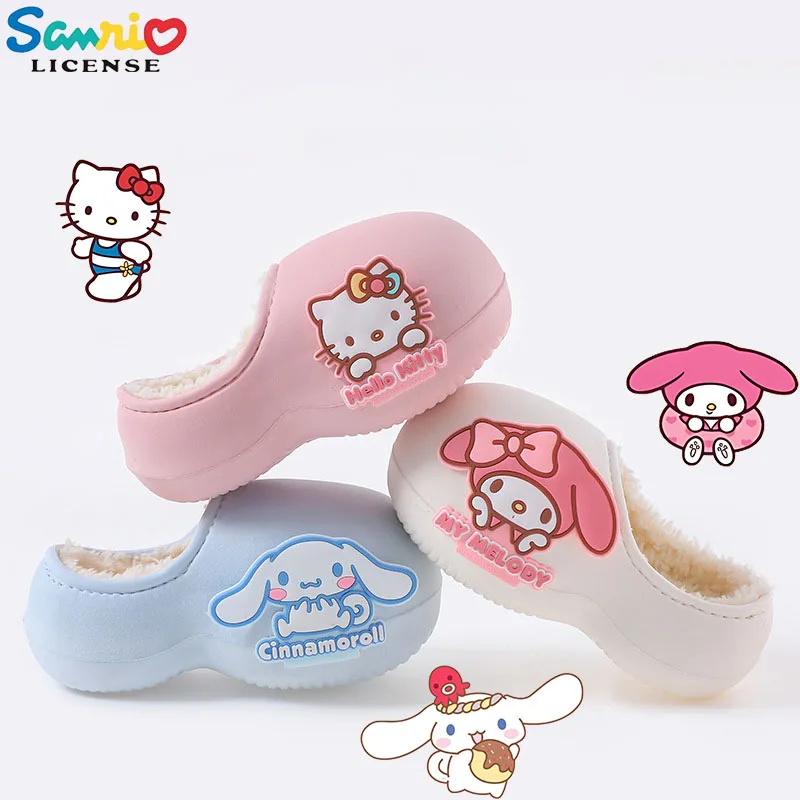 

Детские хлопковые тапочки Hello Kitty Sanrio, симпатичные, Cinnamoroll Kuromi, осень и зима, домашняя Нескользящая теплая хлопковая обувь, подарок для девочек