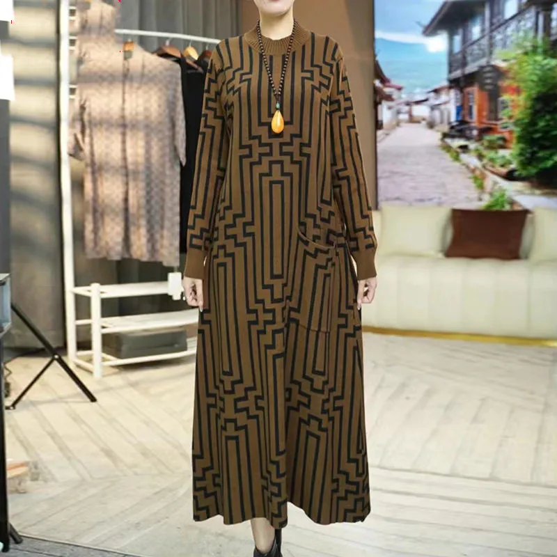 

2023 Autumn Winter Warm Knit Oversize Dress Fashion Elegant Irregular Stripe Loose Half High Collar Female Bottom Long Sweater