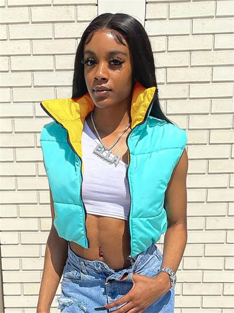 

Женский двухсторонний пуховой жилет, винтажный Повседневный короткий топ контрастных цветов на молнии, пальто без рукавов с воротником-сто...