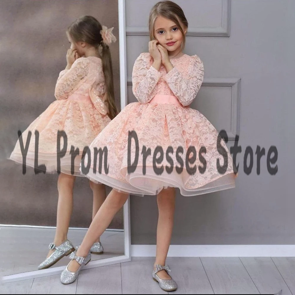 

YL Pink White Lace Long Sleeve Flower Girl Dresses Puffy Tulle Mini Length Baby Children Ball GownsSimple Kid Prom Dress 2022