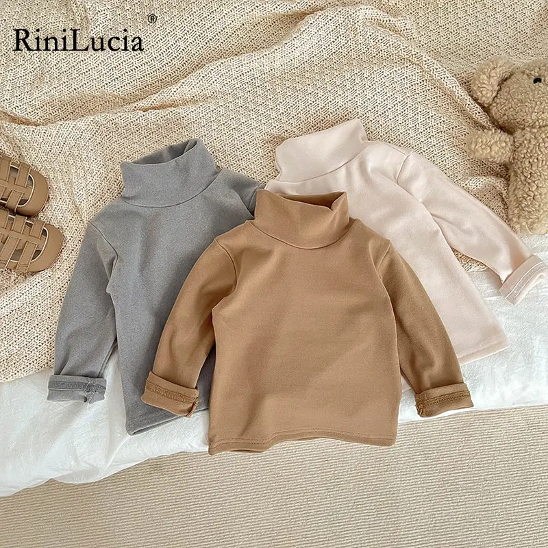 

RiniLucia Kid Infant Toddler Clothes Solid Long Sleeve Baby Girl T-shirt Autumn Winter Turtleneck Cotton Child Bottoming Shirt
